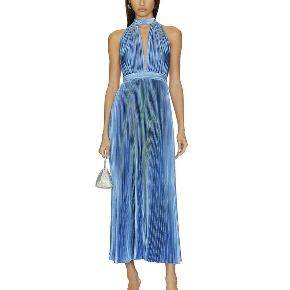 L'idee Dresses & Skirts - Revolve L'idee $395 Halter Blue Pleated Backless Midi Dress Low V Medium NWT